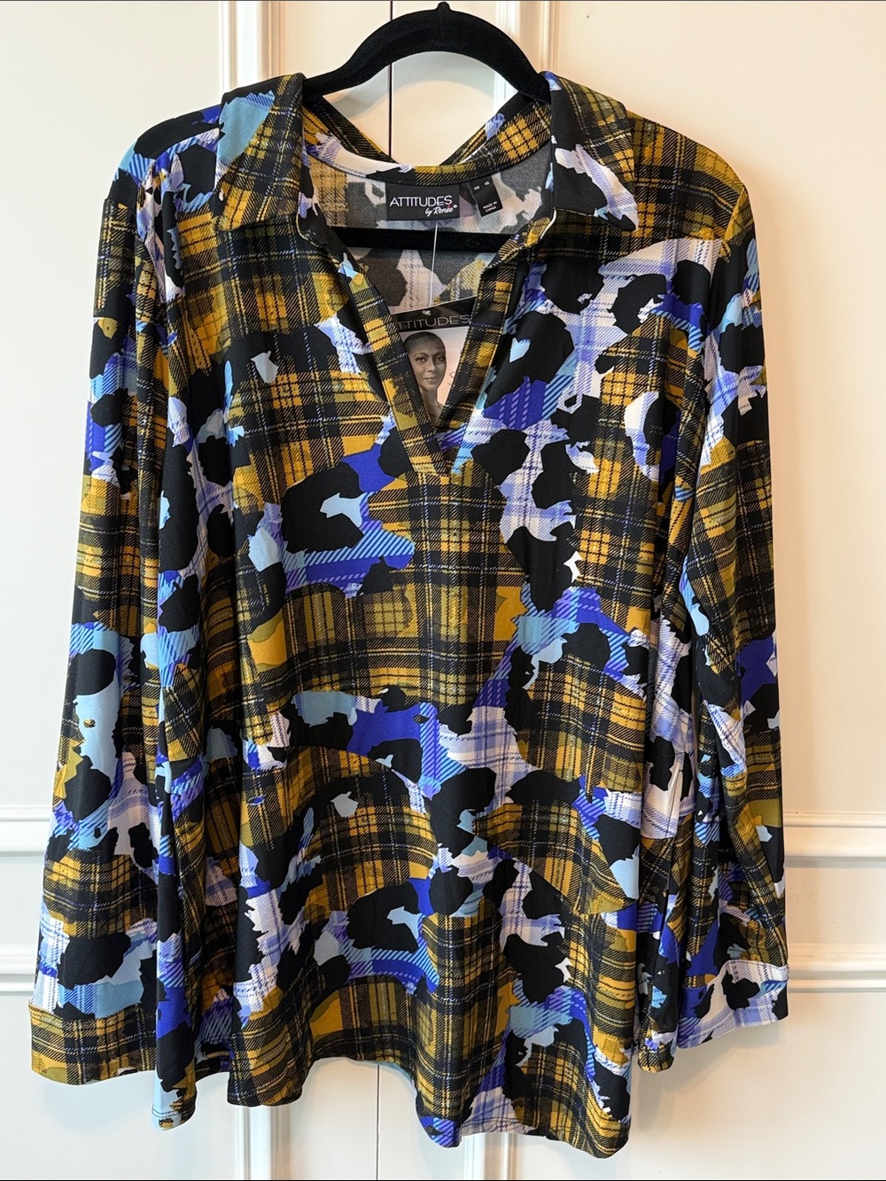 Attitudes by Renee Yellow and Blue Plaid Camo-Print Long Sleeve Shirt